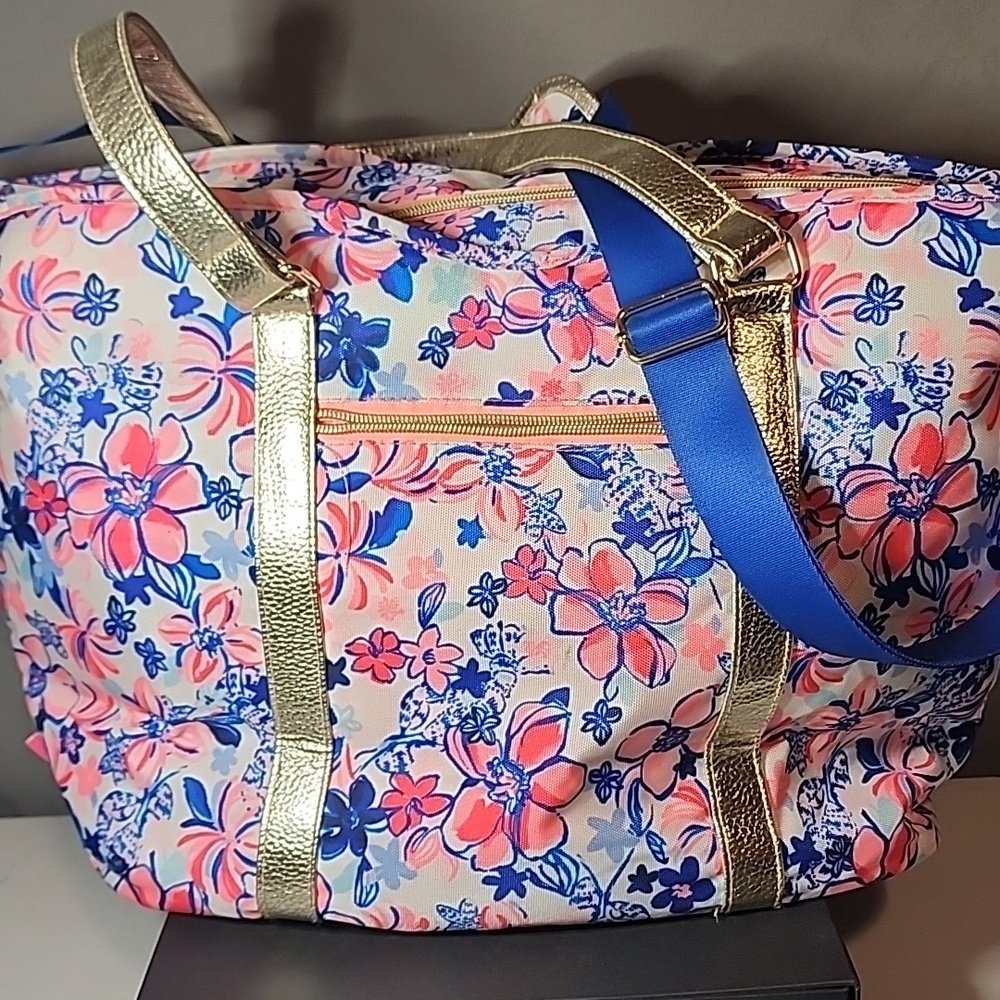 Lilly Pulitzer Pink and Blue Floral Bag with Gold Straps- NWOT - Picture 3 of 11